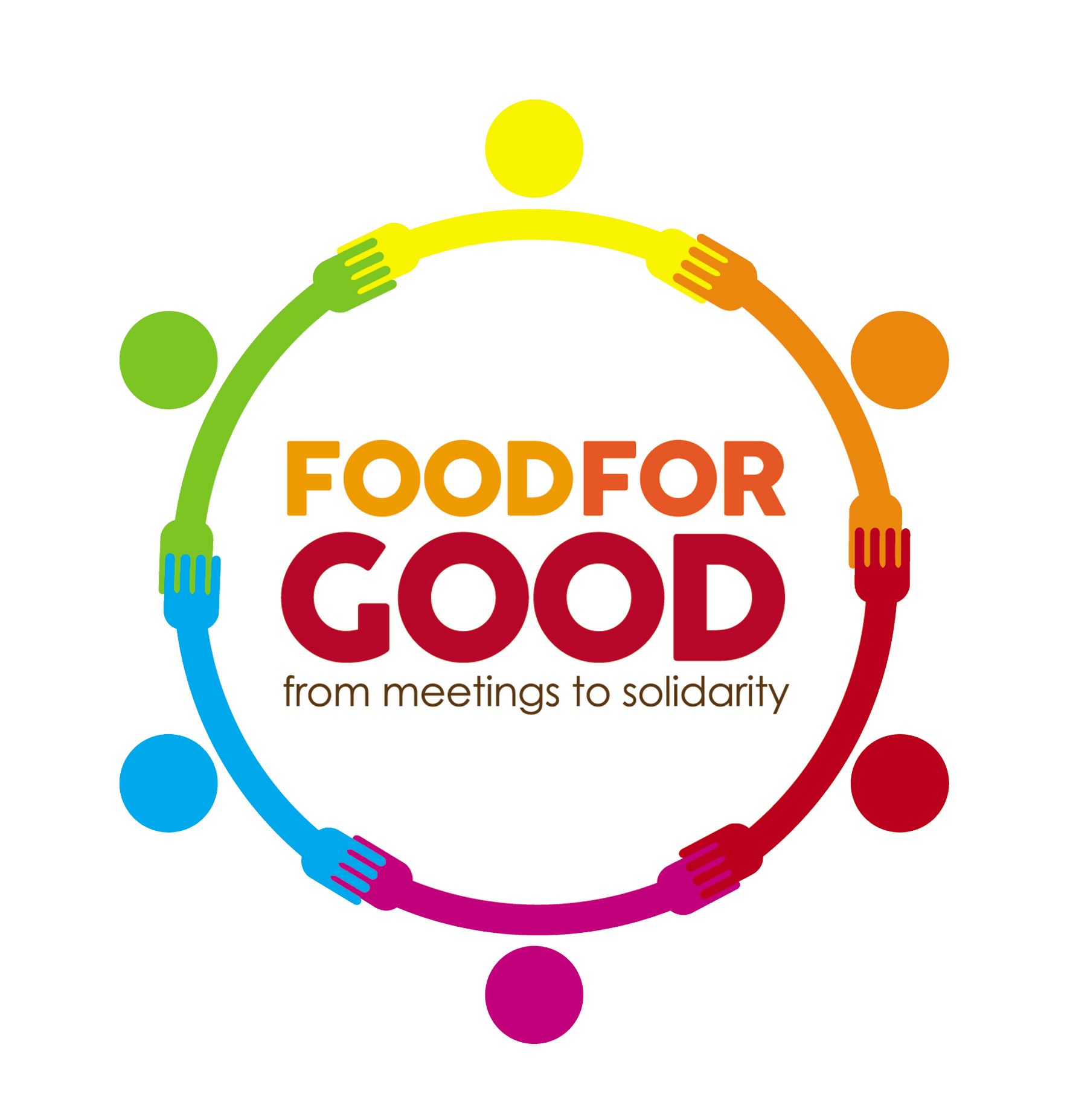 Food for Good logo with colorful circle of figures connected by fork-shaped hands, and the text 'FOOD FOR GOOD – from meetings to solidarity' inside